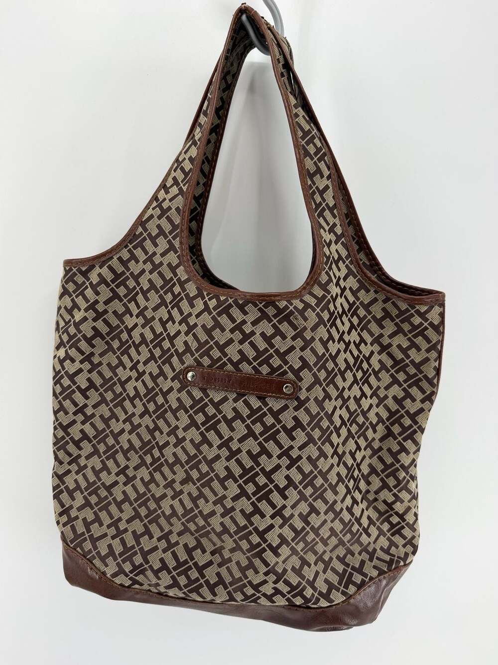 Tommy Hilfiger Monogram Tote Bag Brown Tan 2010 Y2K Preppy Shoulder Bag